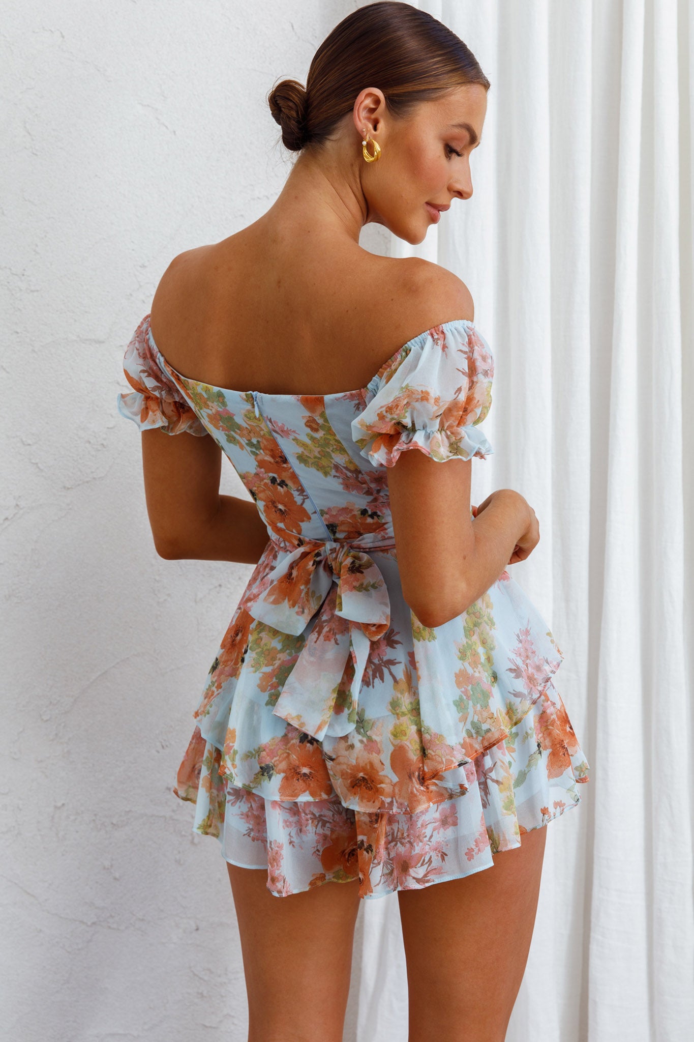 Linka Off-Shoulder Tie Back Romper Floral Blue-Maymioy