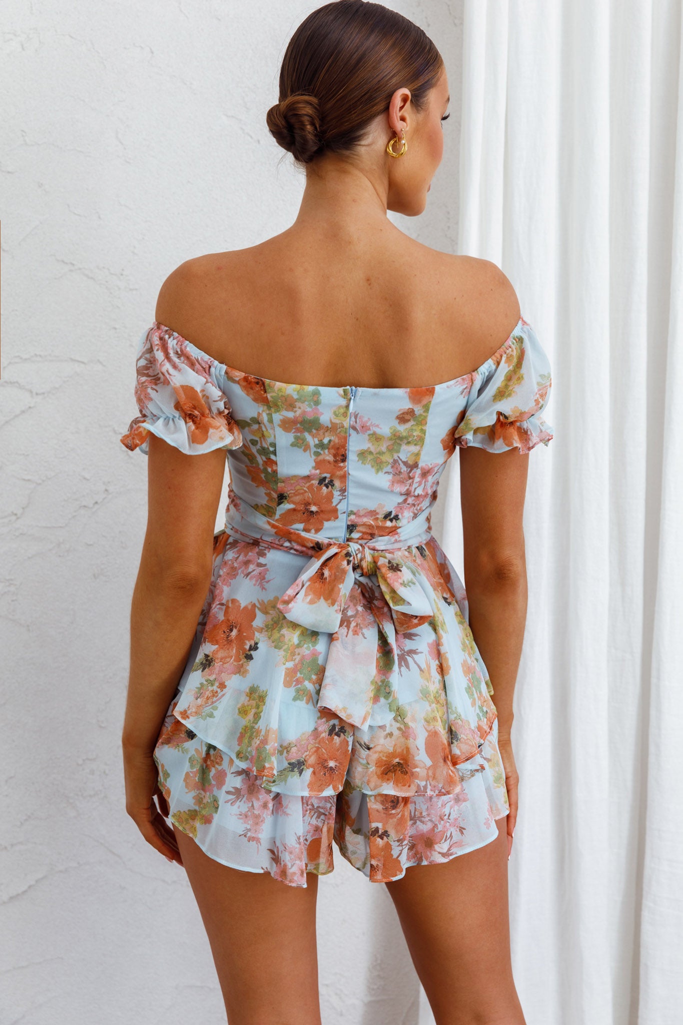 Linka Off-Shoulder Tie Back Romper Floral Blue-Maymioy