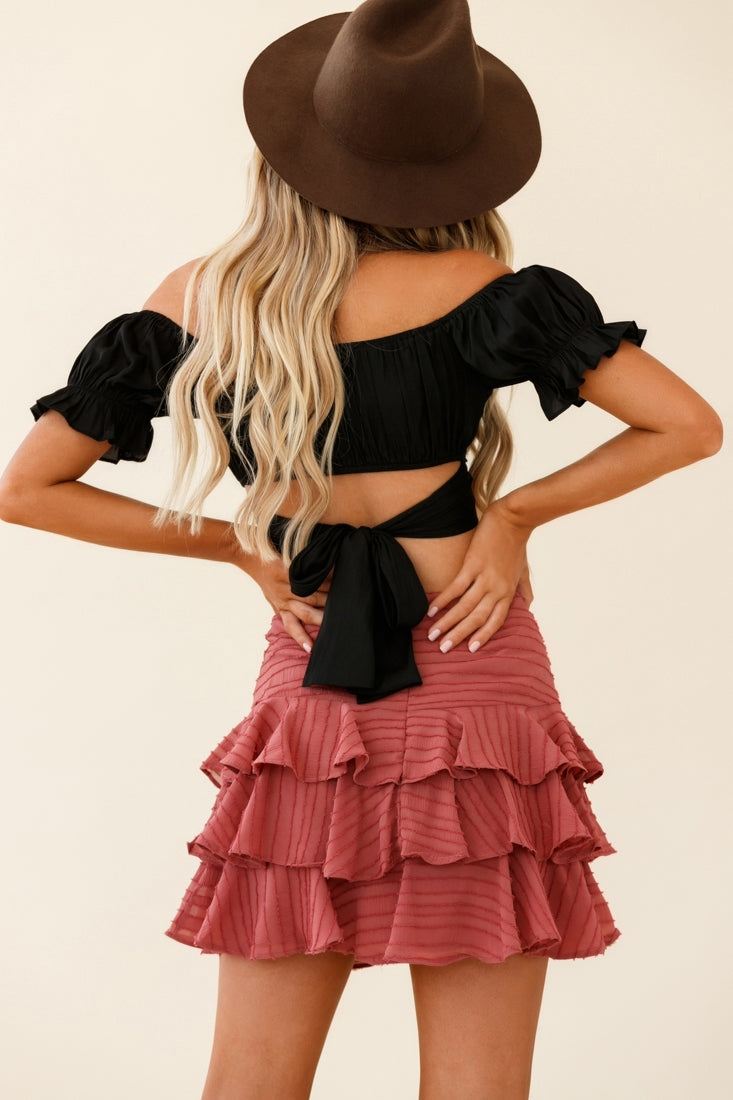 Linka Off-Shoulder Tie-Back Crop Top Black-Maymioy