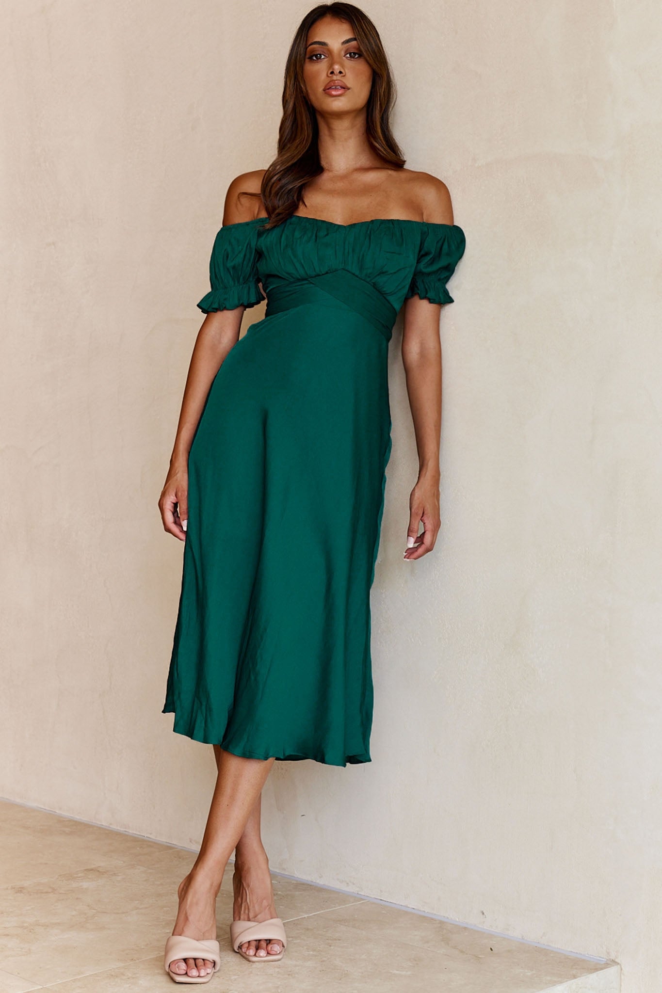 Linka Off-Shoulder Tie Back Midi Dress Forest Green-Maymioy