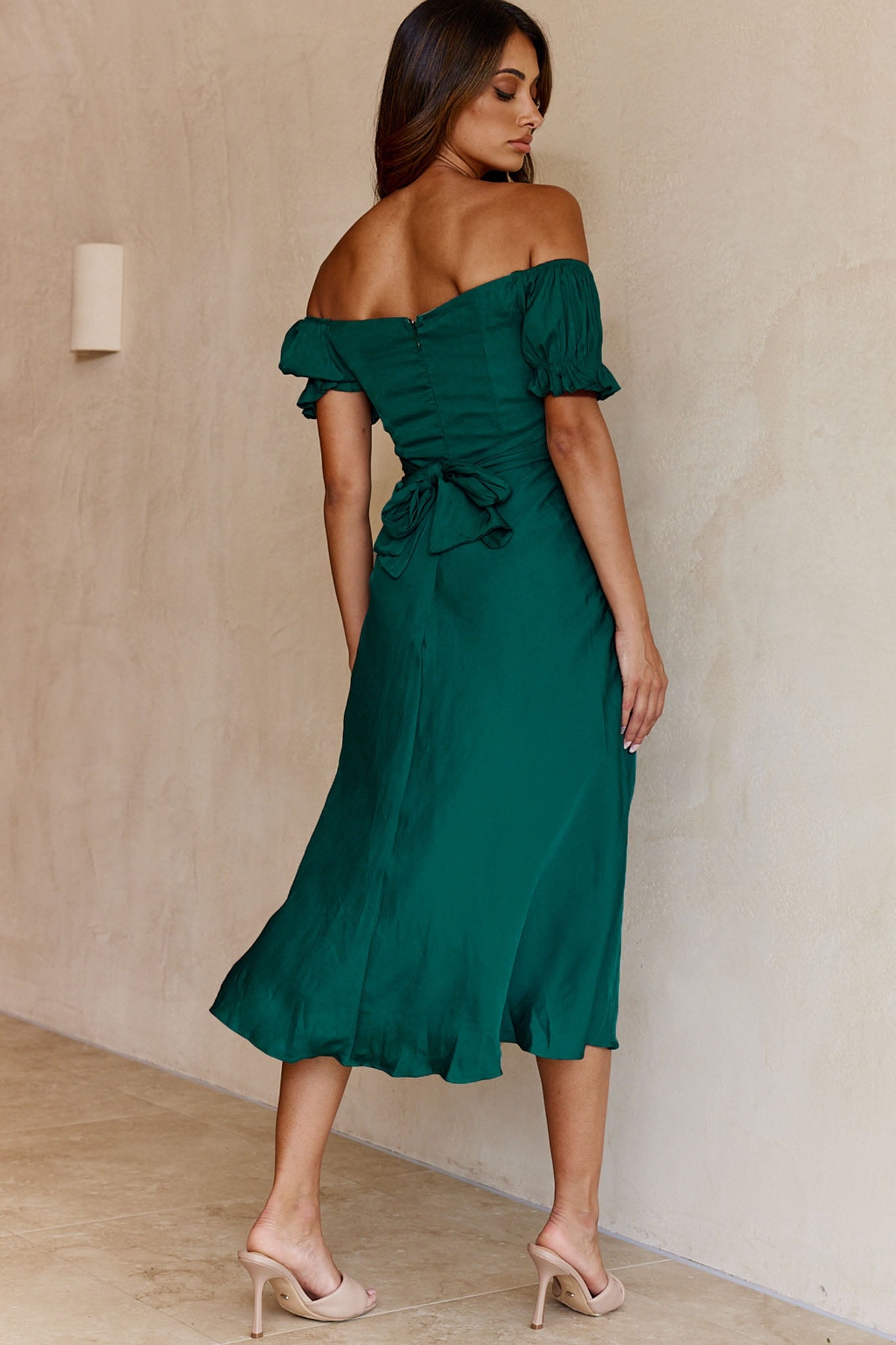 Linka Off-Shoulder Tie Back Midi Dress Forest Green-Maymioy