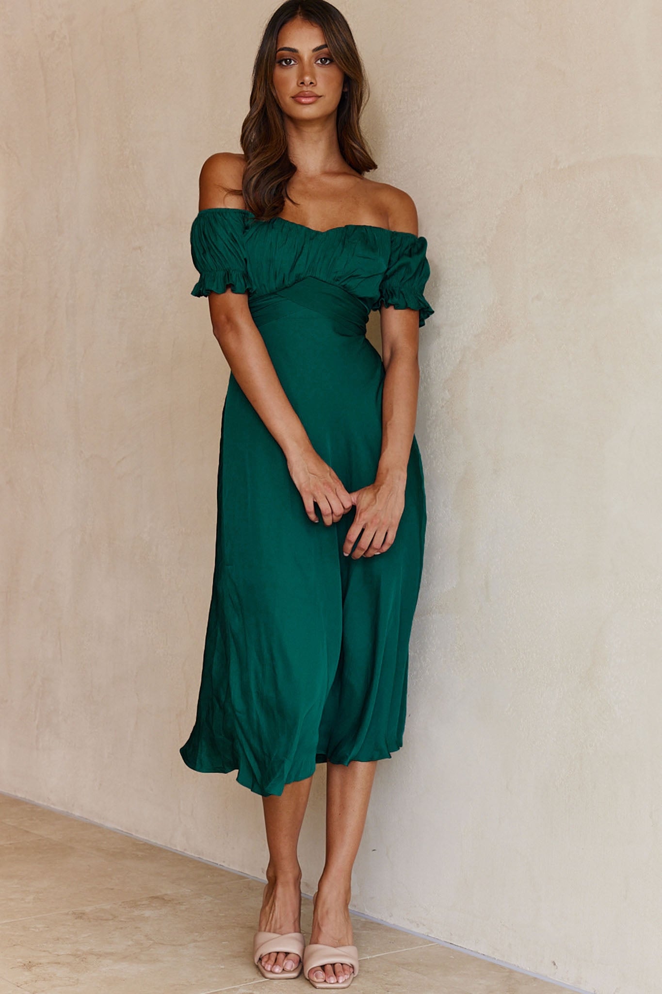 Linka Off-Shoulder Tie Back Midi Dress Forest Green-Maymioy