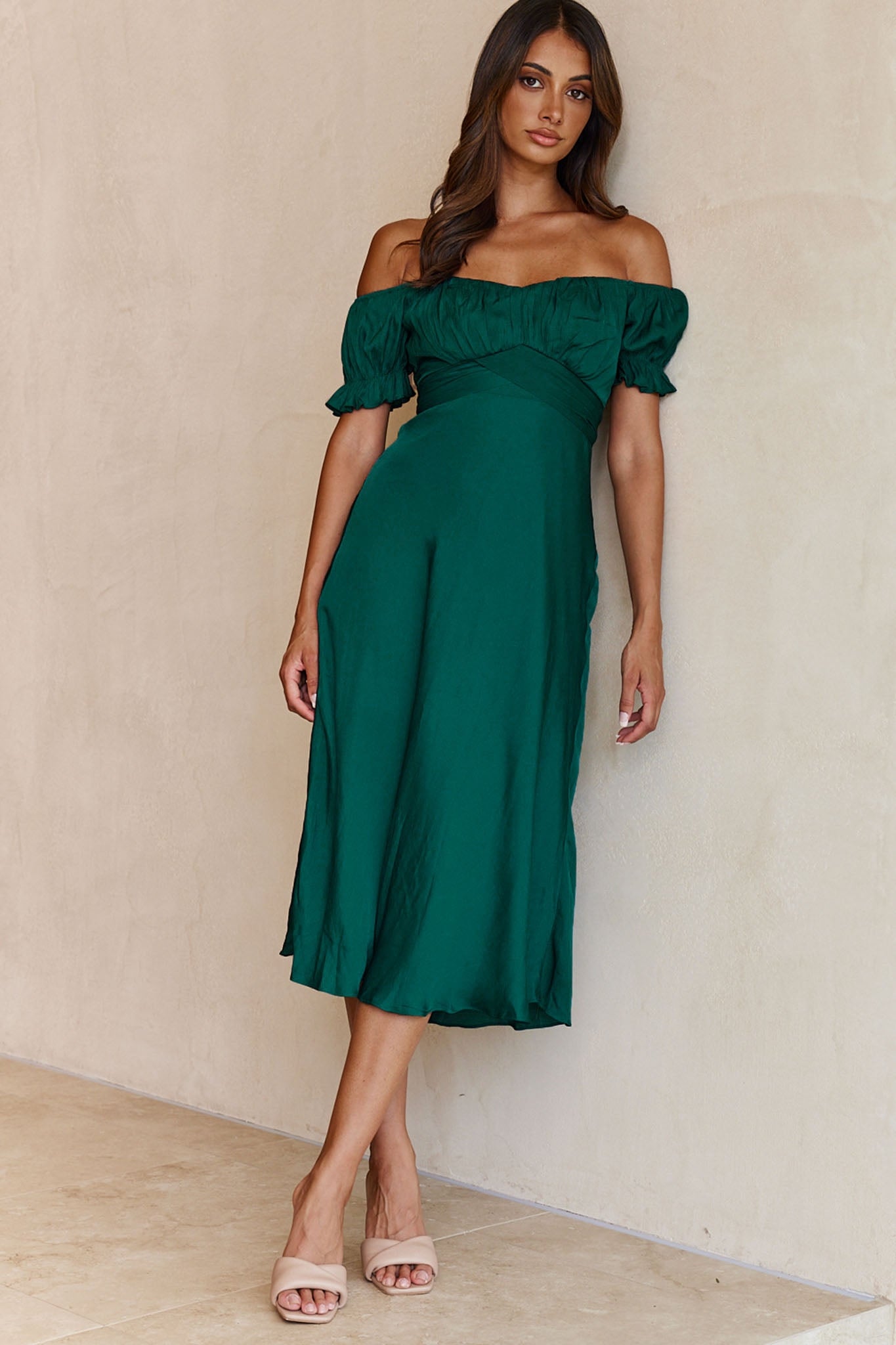Linka Off-Shoulder Tie Back Midi Dress Forest Green-Maymioy