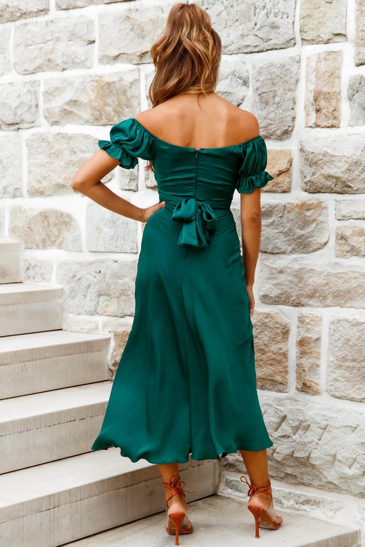 Linka Off-Shoulder Tie Back Midi Dress Forest Green-Maymioy