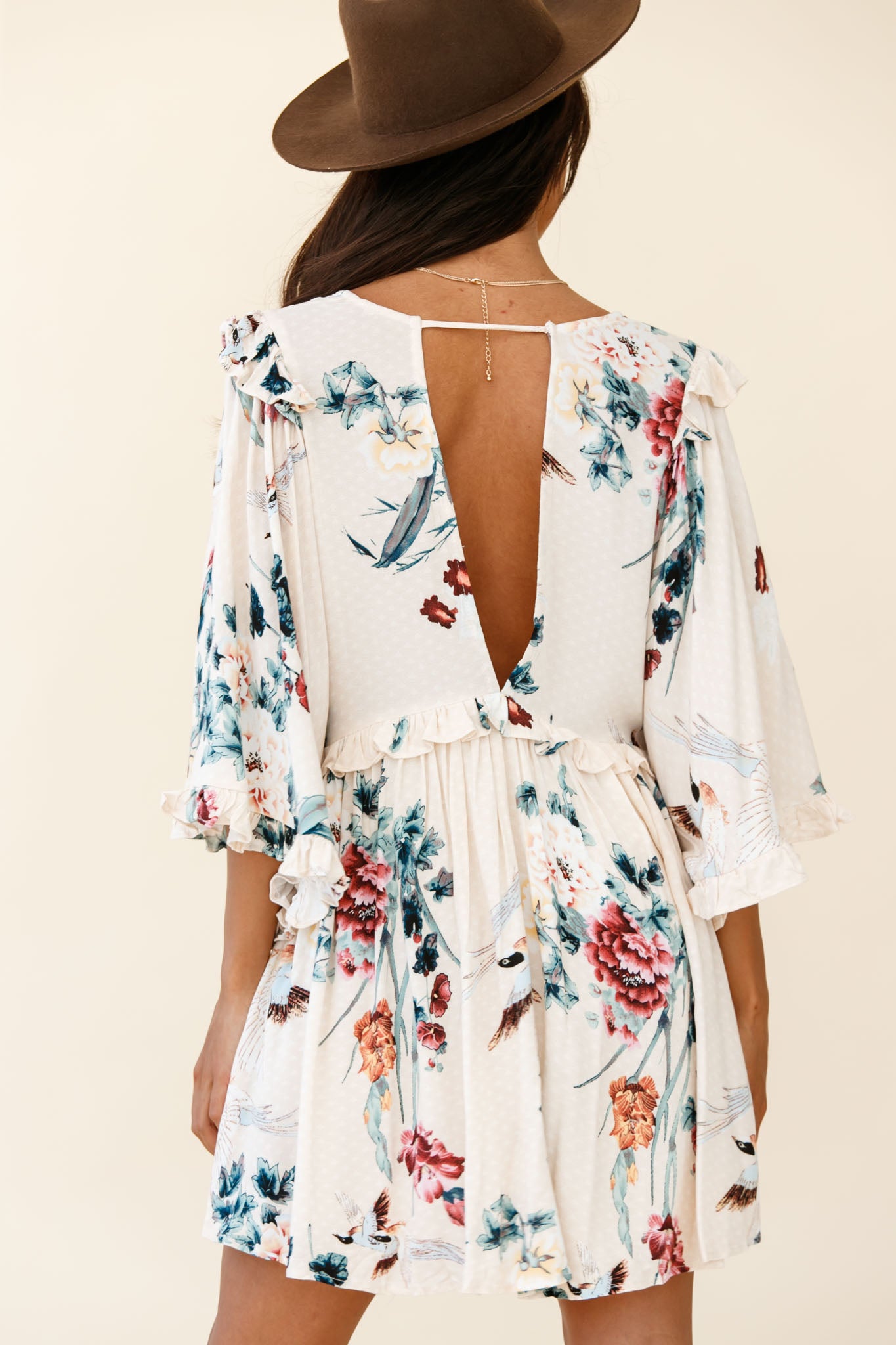 Lynette Loose Fit Angel Sleeve Dress Botanic Print Nude-Maymioy