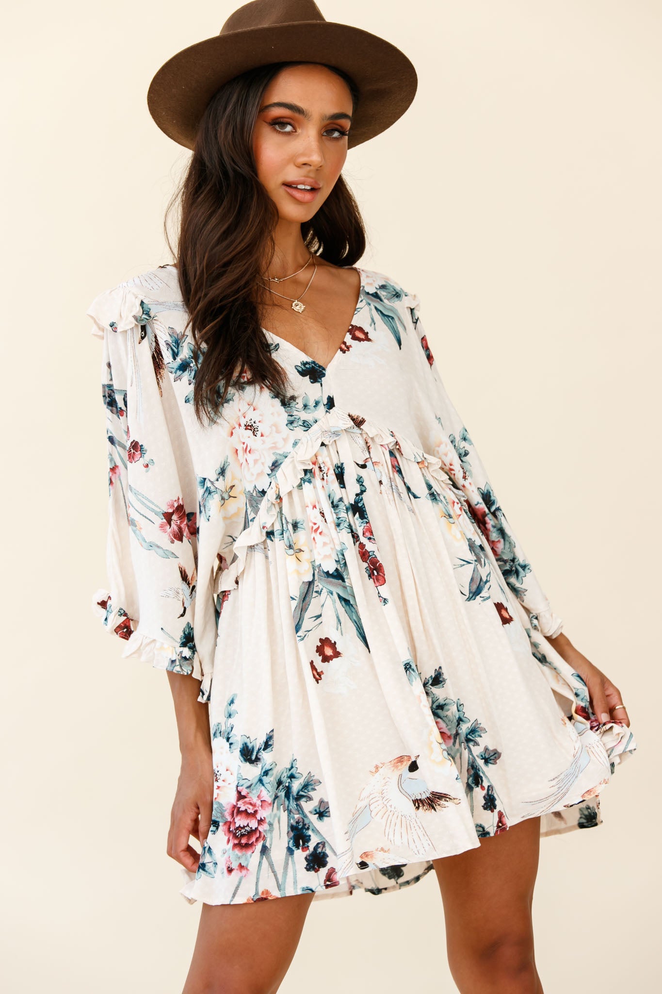 Lynette Loose Fit Angel Sleeve Dress Botanic Print Nude-Maymioy