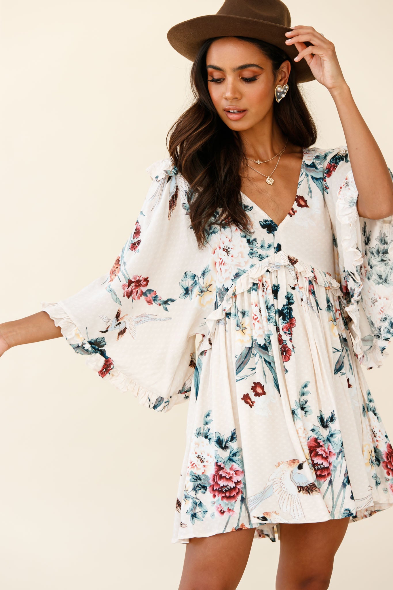 Lynette Loose Fit Angel Sleeve Dress Botanic Print Nude-Maymioy