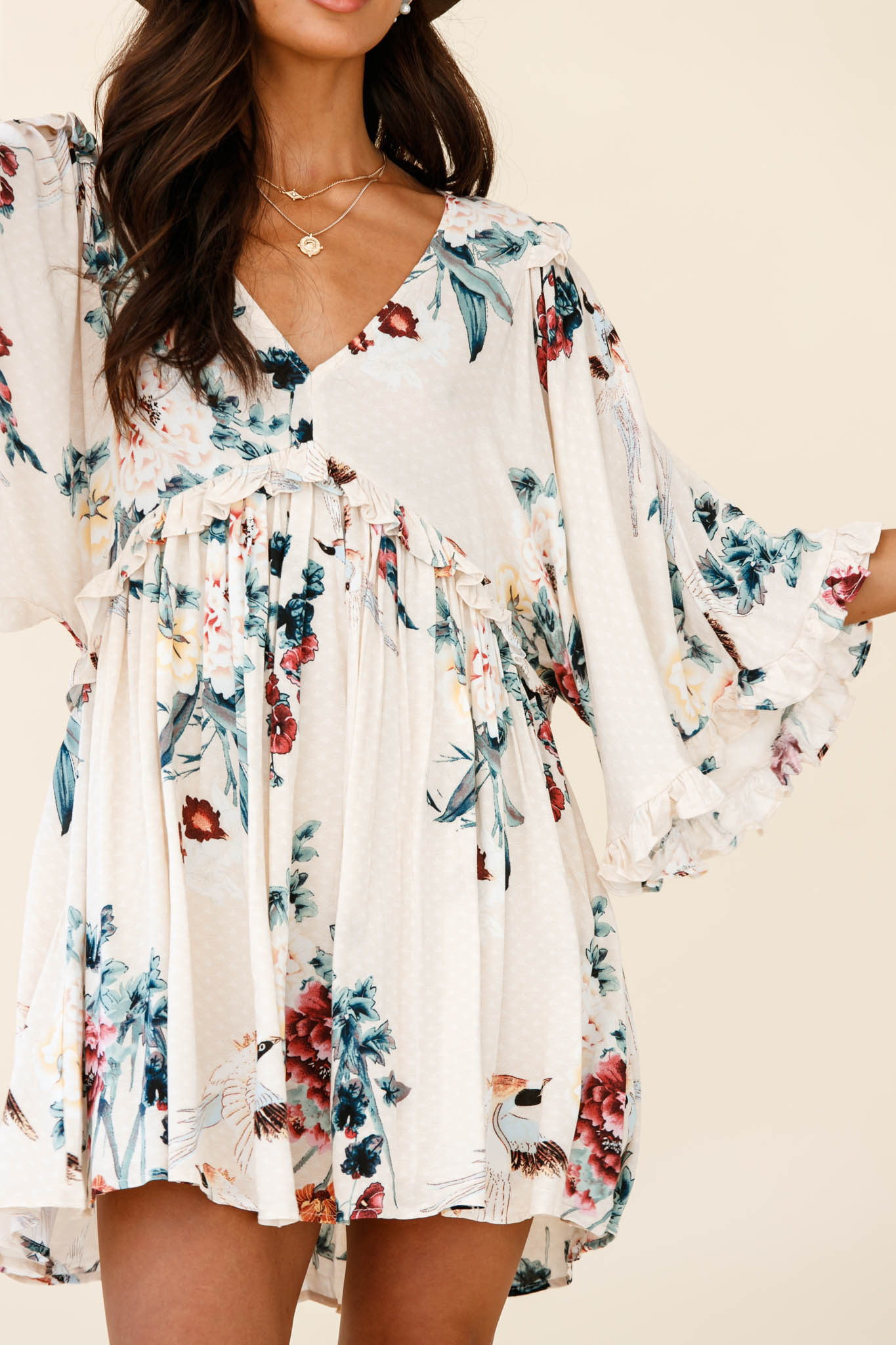 Lynette Loose Fit Angel Sleeve Dress Botanic Print Nude-Maymioy