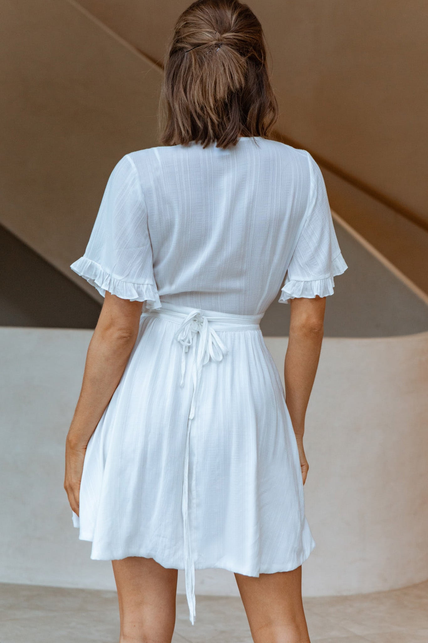 Cara Frill Trim Wrap Dress White-Maymioy