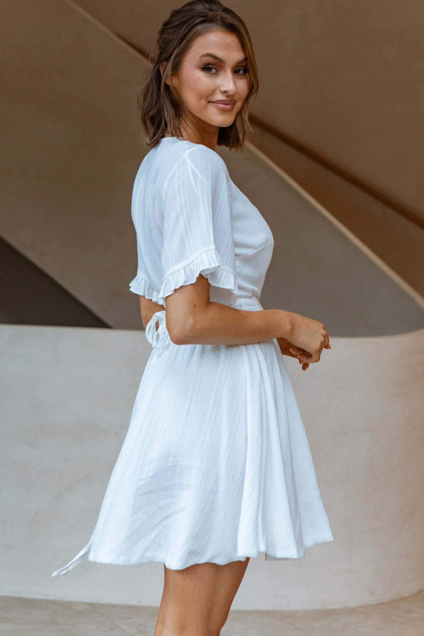 Cara Frill Trim Wrap Dress White-Maymioy
