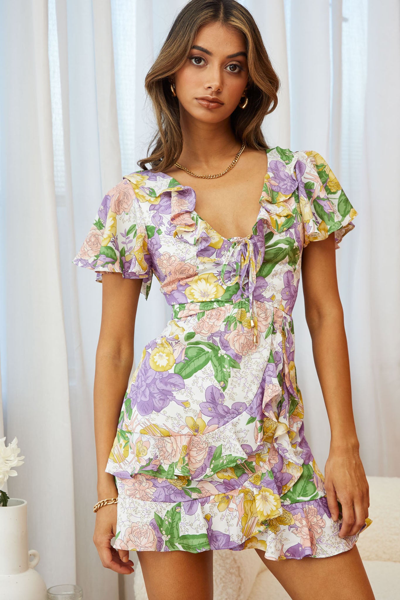 Kalina Ruffle Neckline Flutter Sleeve Mini Dress Floral Print Purple-Maymioy