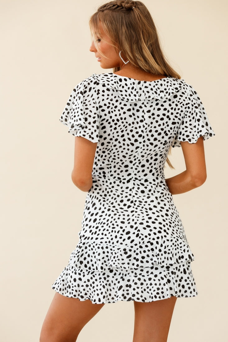 Kalina Ruffle Neckline Flutter Sleeve Mini Dress Spot Print White/Black-Maymioy