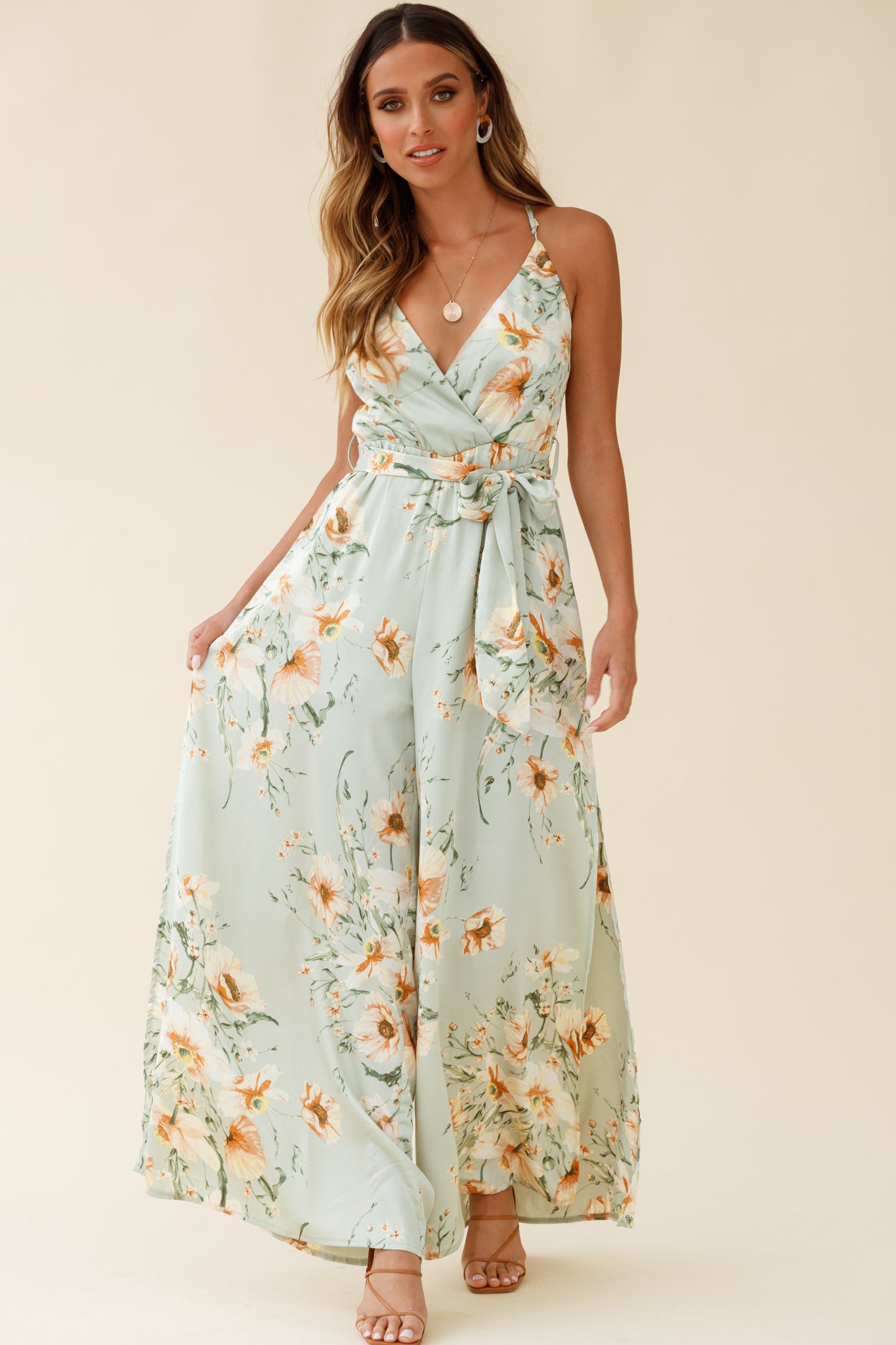 Miso Wide-Leg Cami Jumpsuit Poppy Print Pistachio-Maymioy