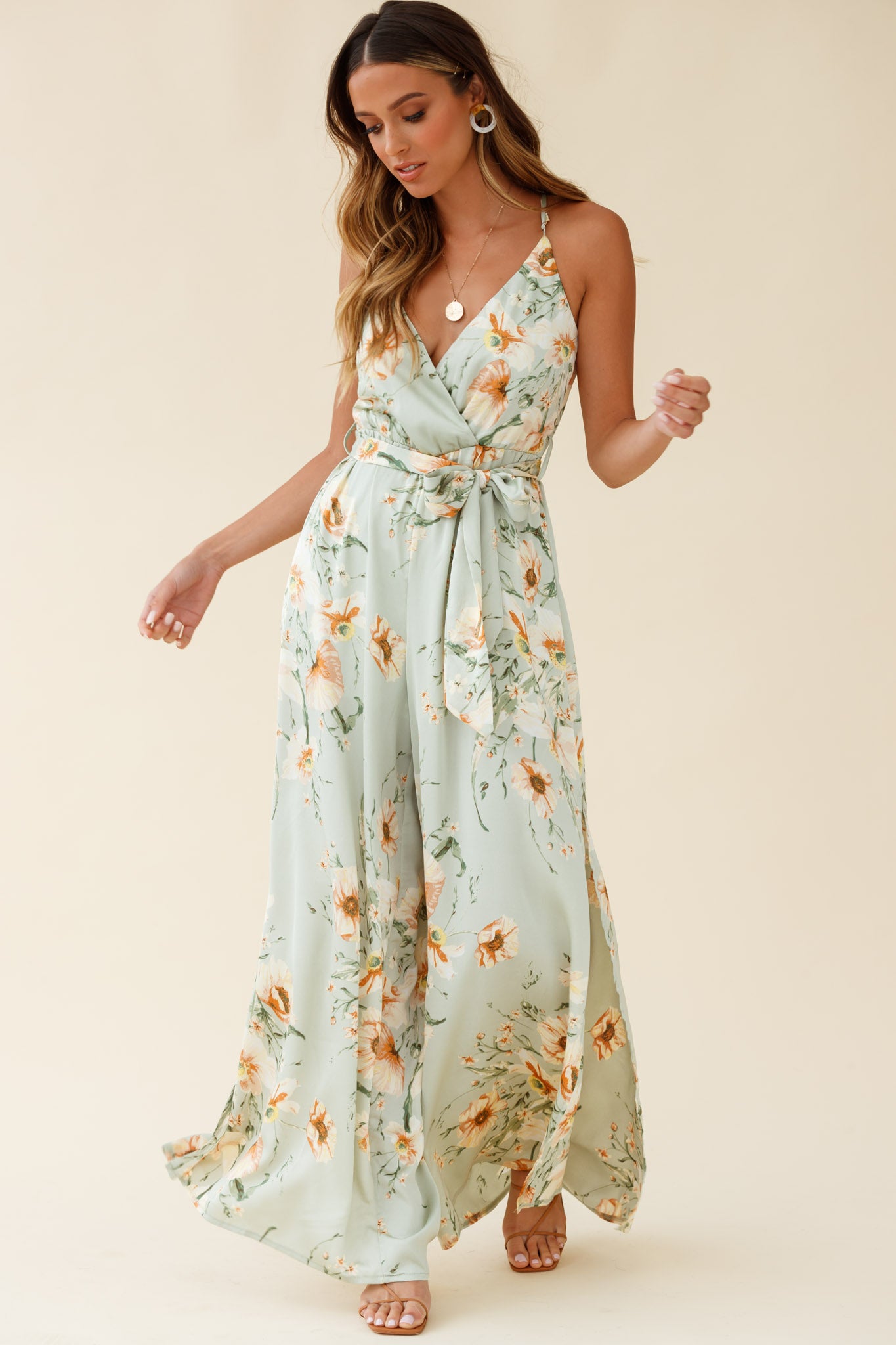 Miso Wide-Leg Cami Jumpsuit Poppy Print Pistachio-Maymioy