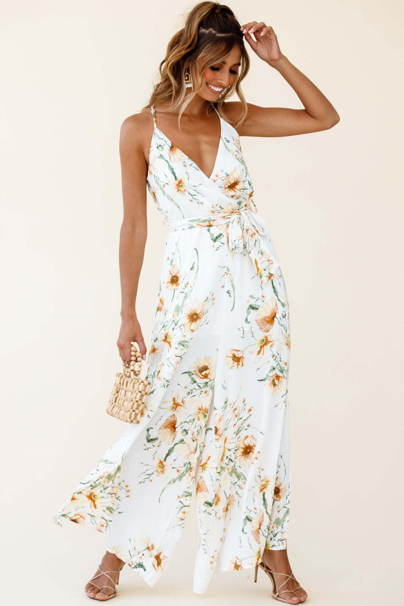 Miso Wide-Leg Cami Jumpsuit Floral Print White-Maymioy