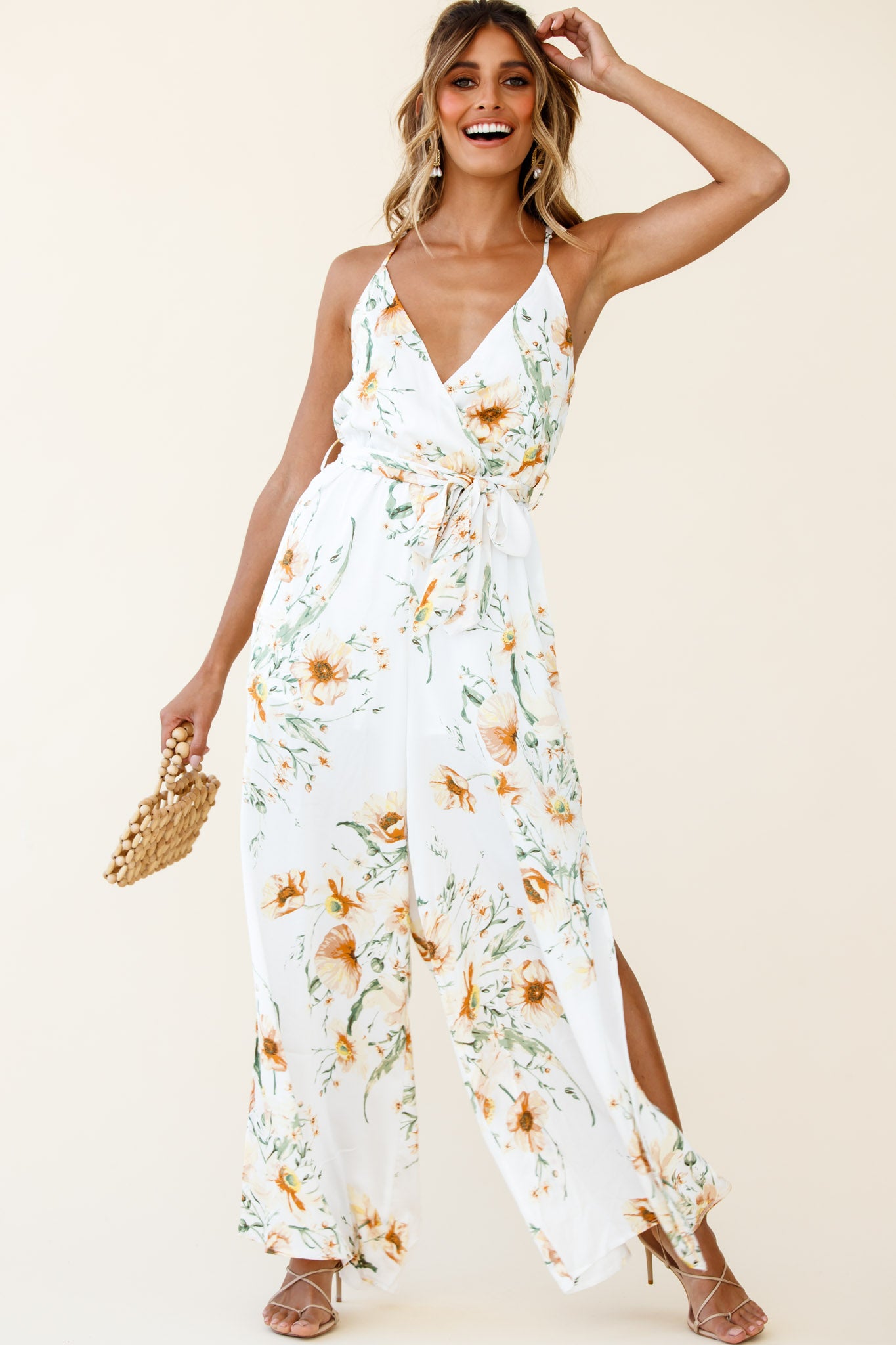 Miso Wide-Leg Cami Jumpsuit Floral Print White-Maymioy