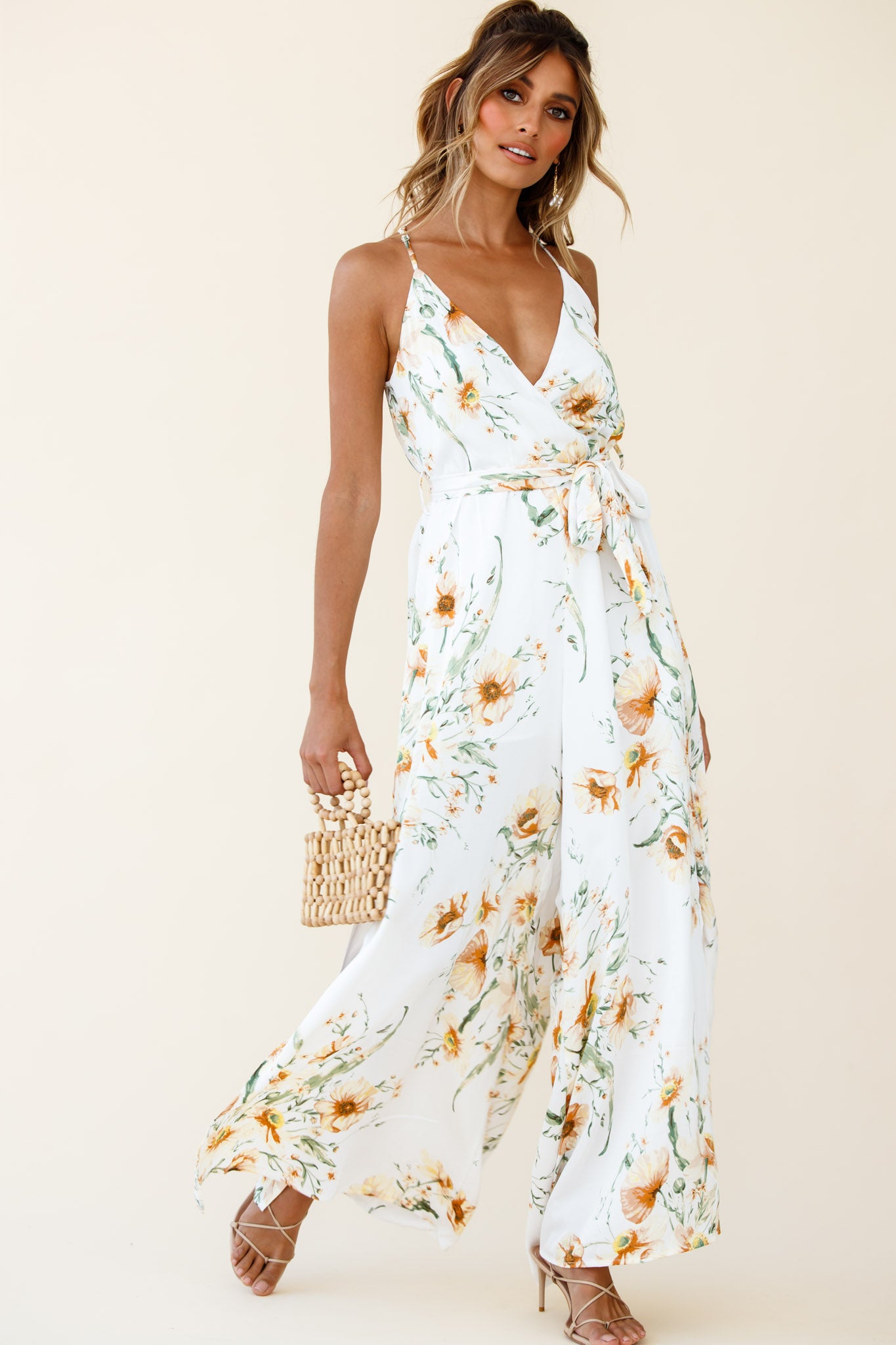 Miso Wide-Leg Cami Jumpsuit Floral Print White-Maymioy