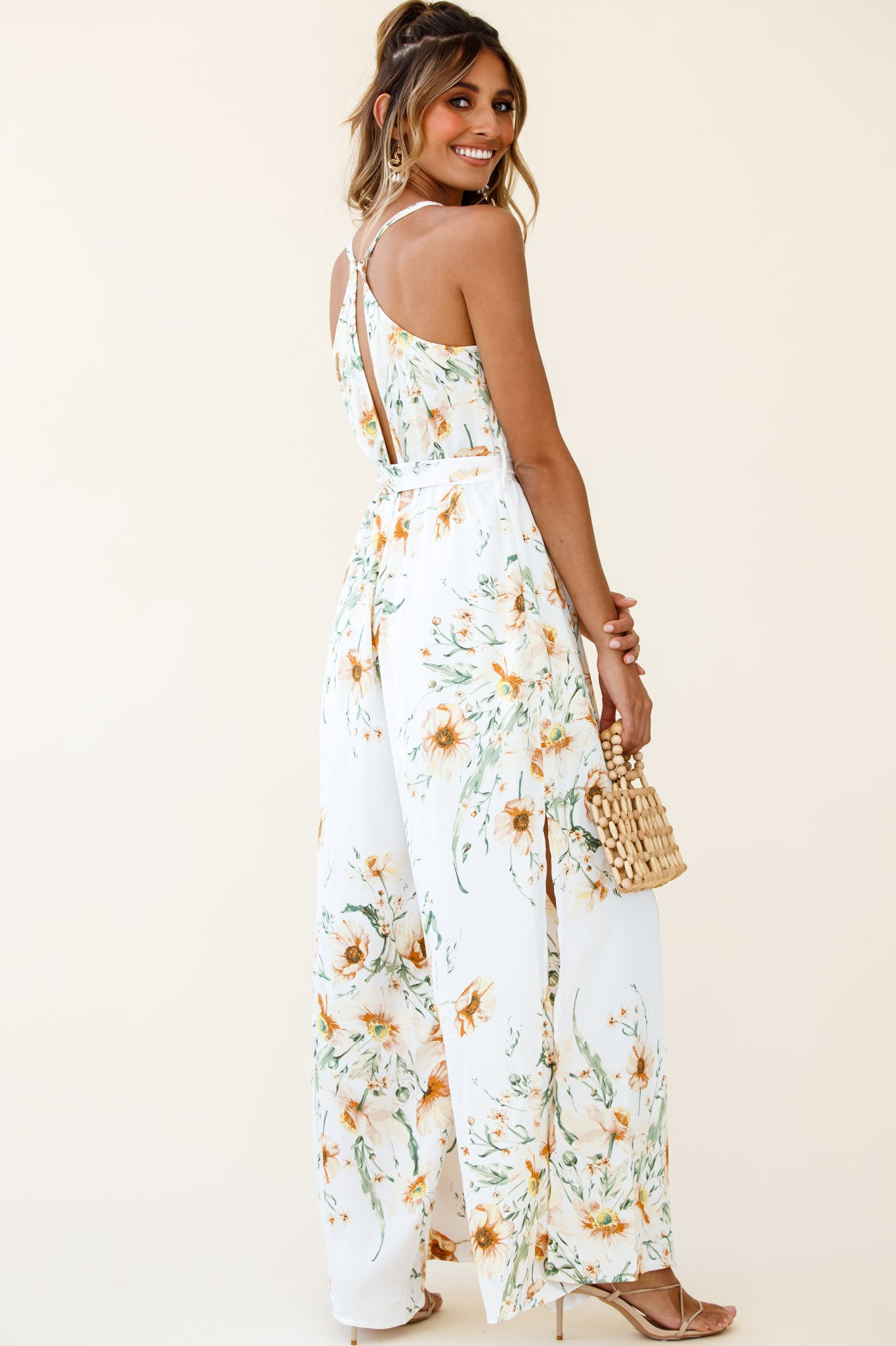 Miso Wide-Leg Cami Jumpsuit Floral Print White-Maymioy