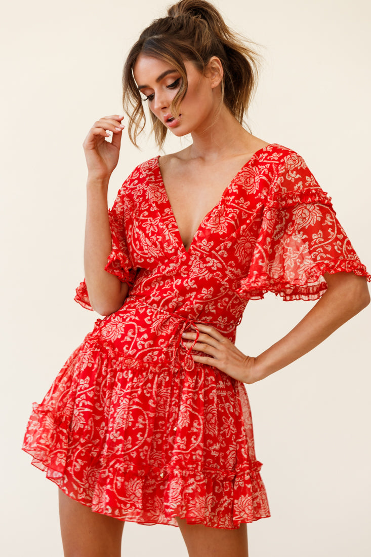 Psalm Angel Sleeve Frill Dress Floral Stencil Print Red-Maymioy