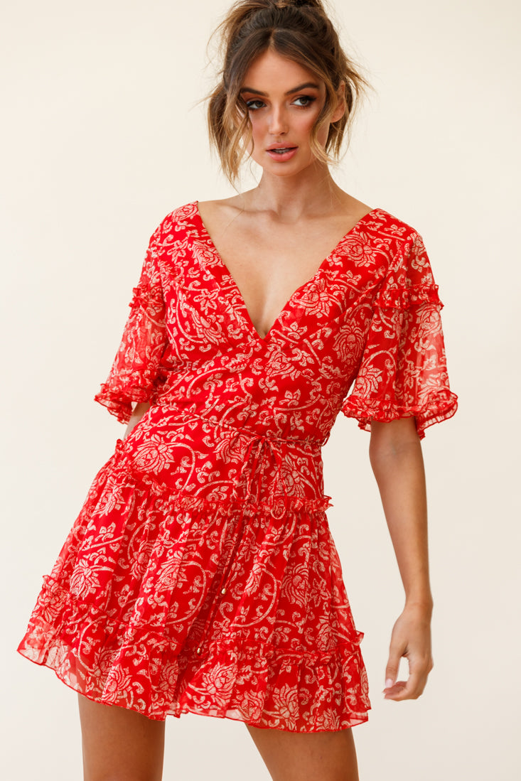 Psalm Angel Sleeve Frill Dress Floral Stencil Print Red-Maymioy
