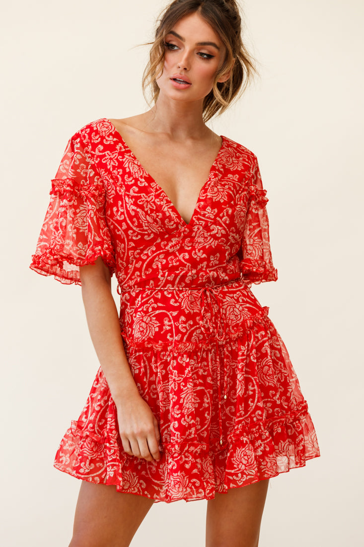Psalm Angel Sleeve Frill Dress Floral Stencil Print Red-Maymioy