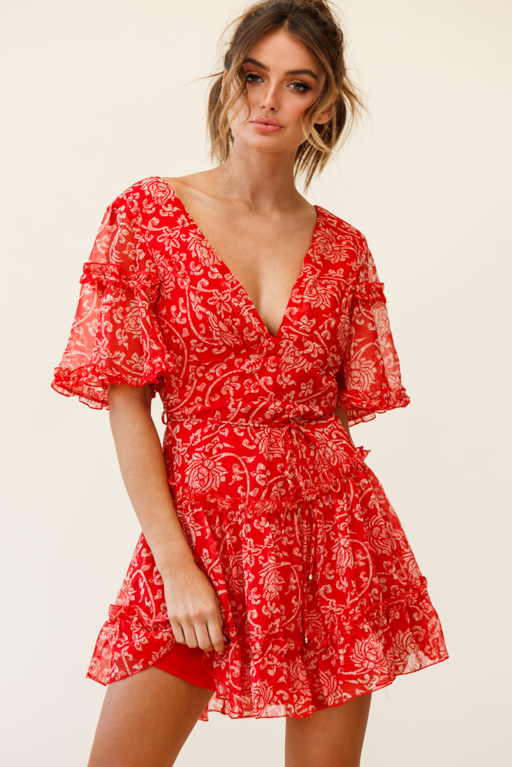 Psalm Angel Sleeve Frill Dress Floral Stencil Print Red-Maymioy