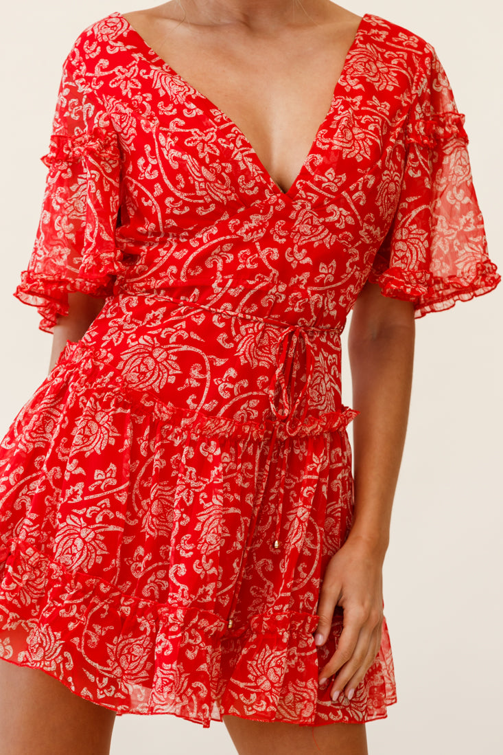 Psalm Angel Sleeve Frill Dress Floral Stencil Print Red-Maymioy