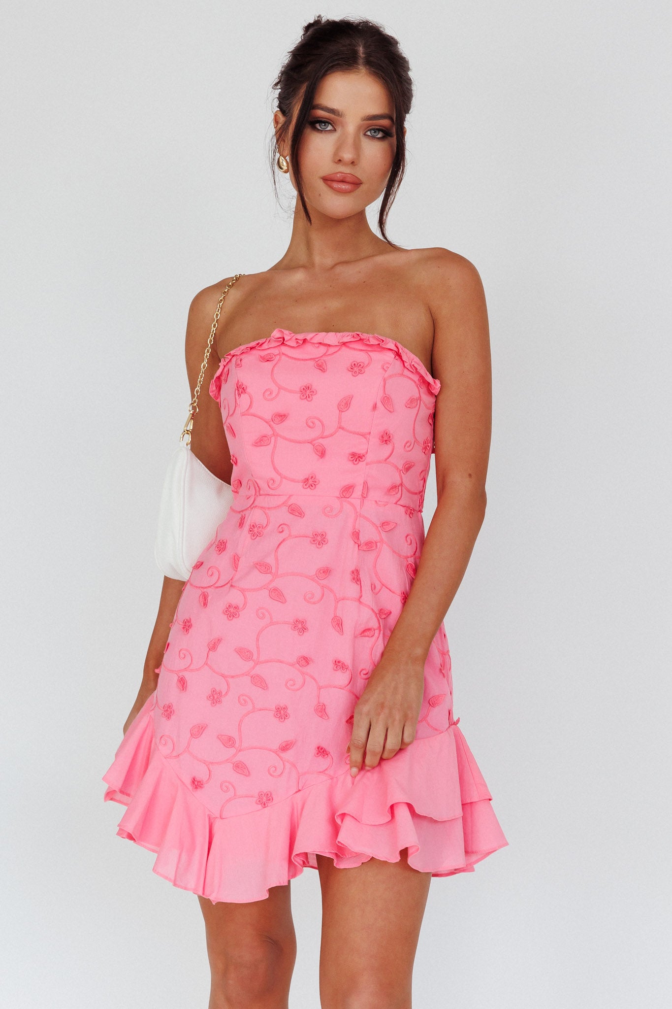 Cece Embroidered Bandeau Dress Hot Pink-Maymioy