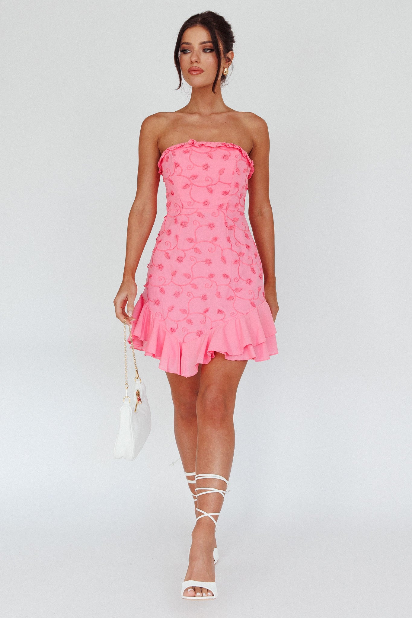 Cece Embroidered Bandeau Dress Hot Pink-Maymioy