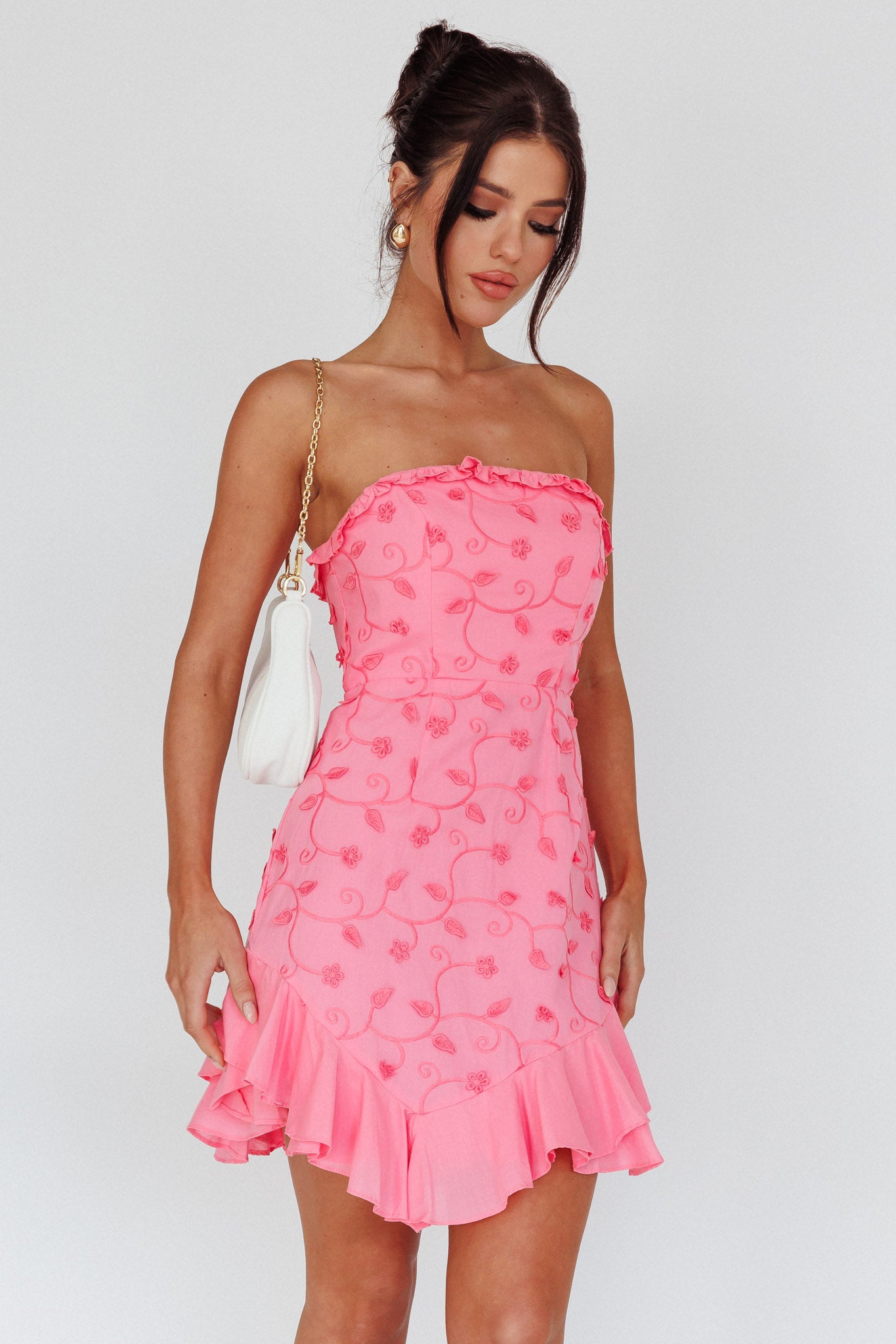 Cece Embroidered Bandeau Dress Hot Pink-Maymioy