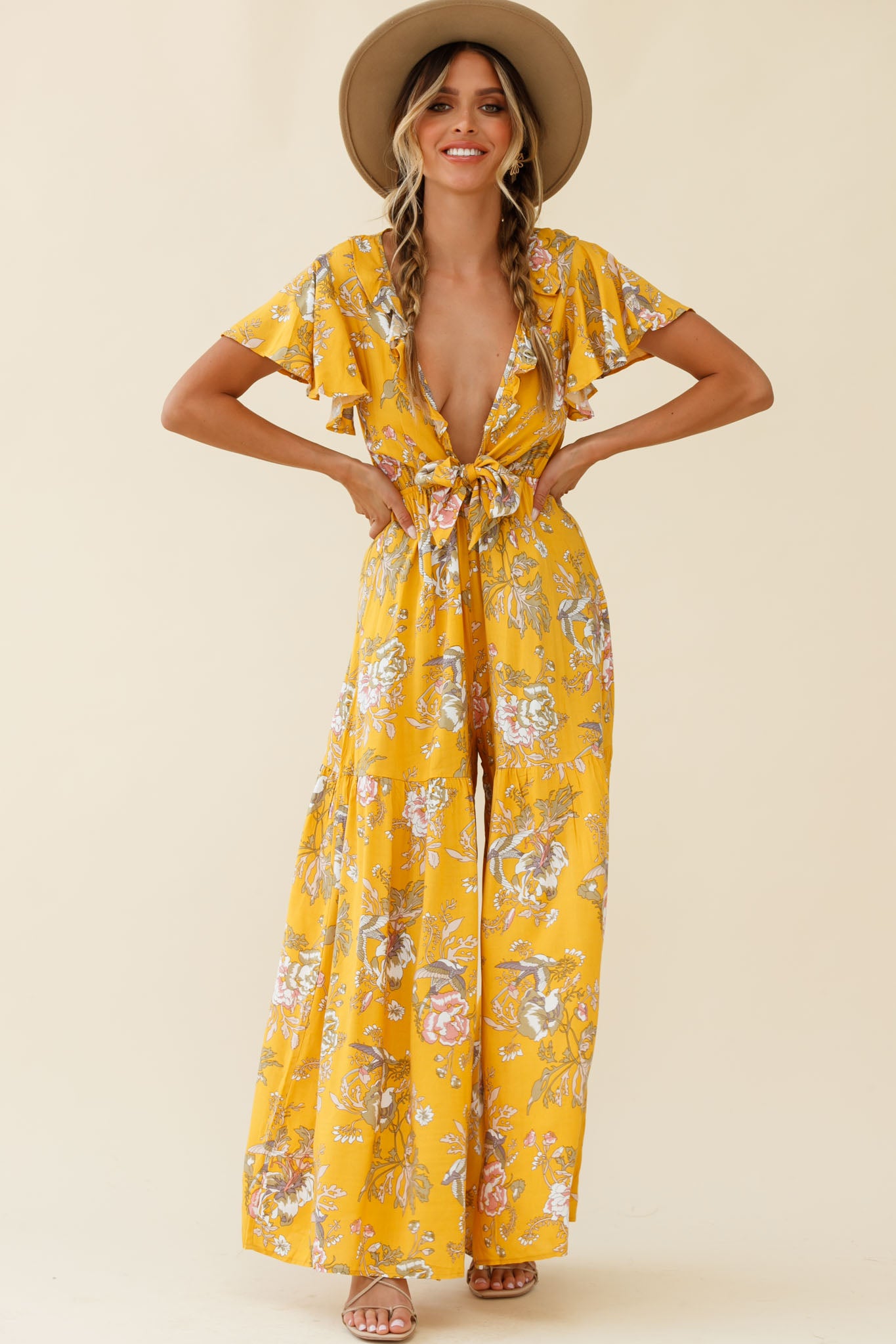 Kasey Tied Bust Wide Leg Floral Print Jumpsuit Mustard-Maymioy