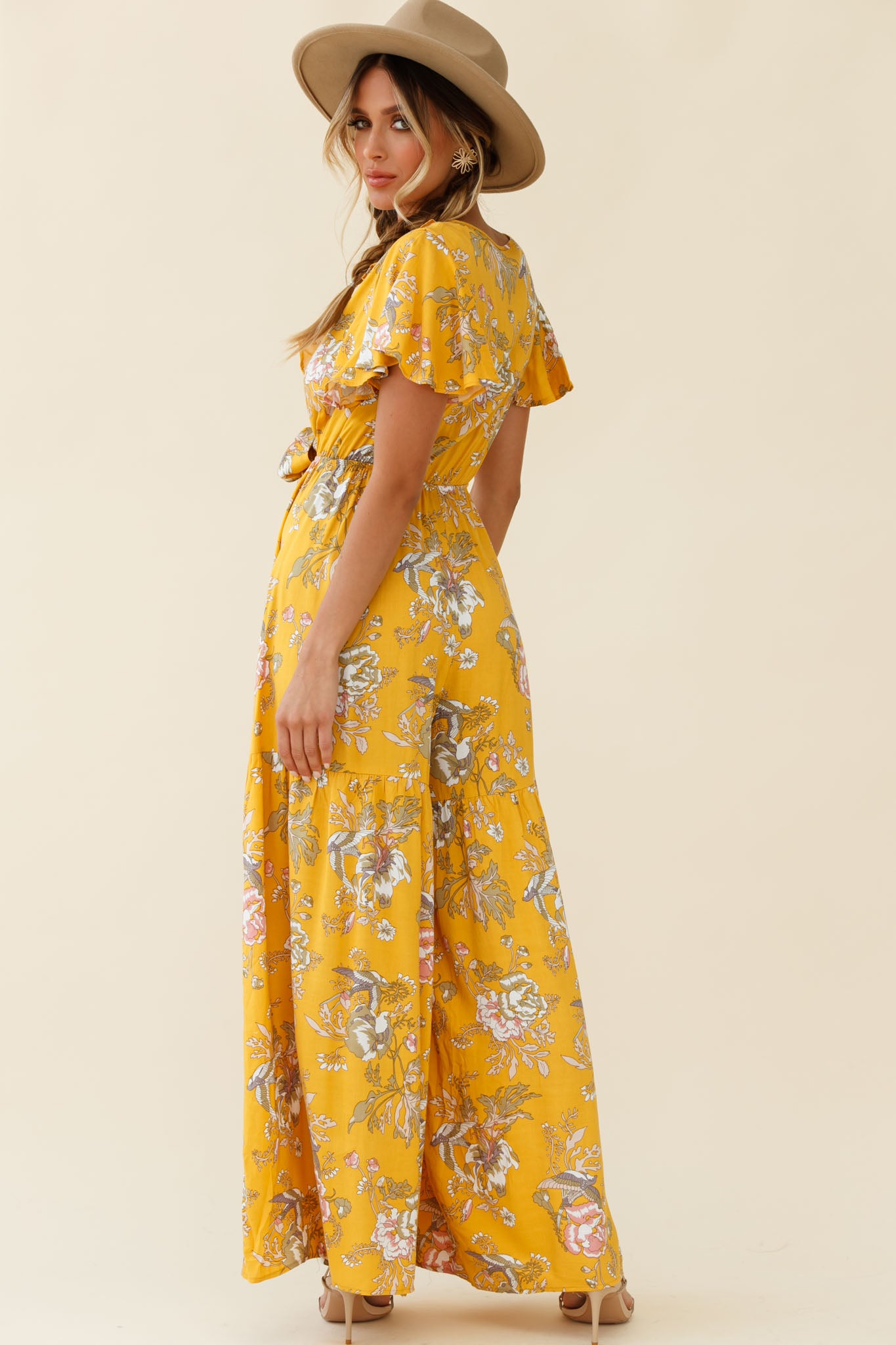 Kasey Tied Bust Wide Leg Floral Print Jumpsuit Mustard-Maymioy