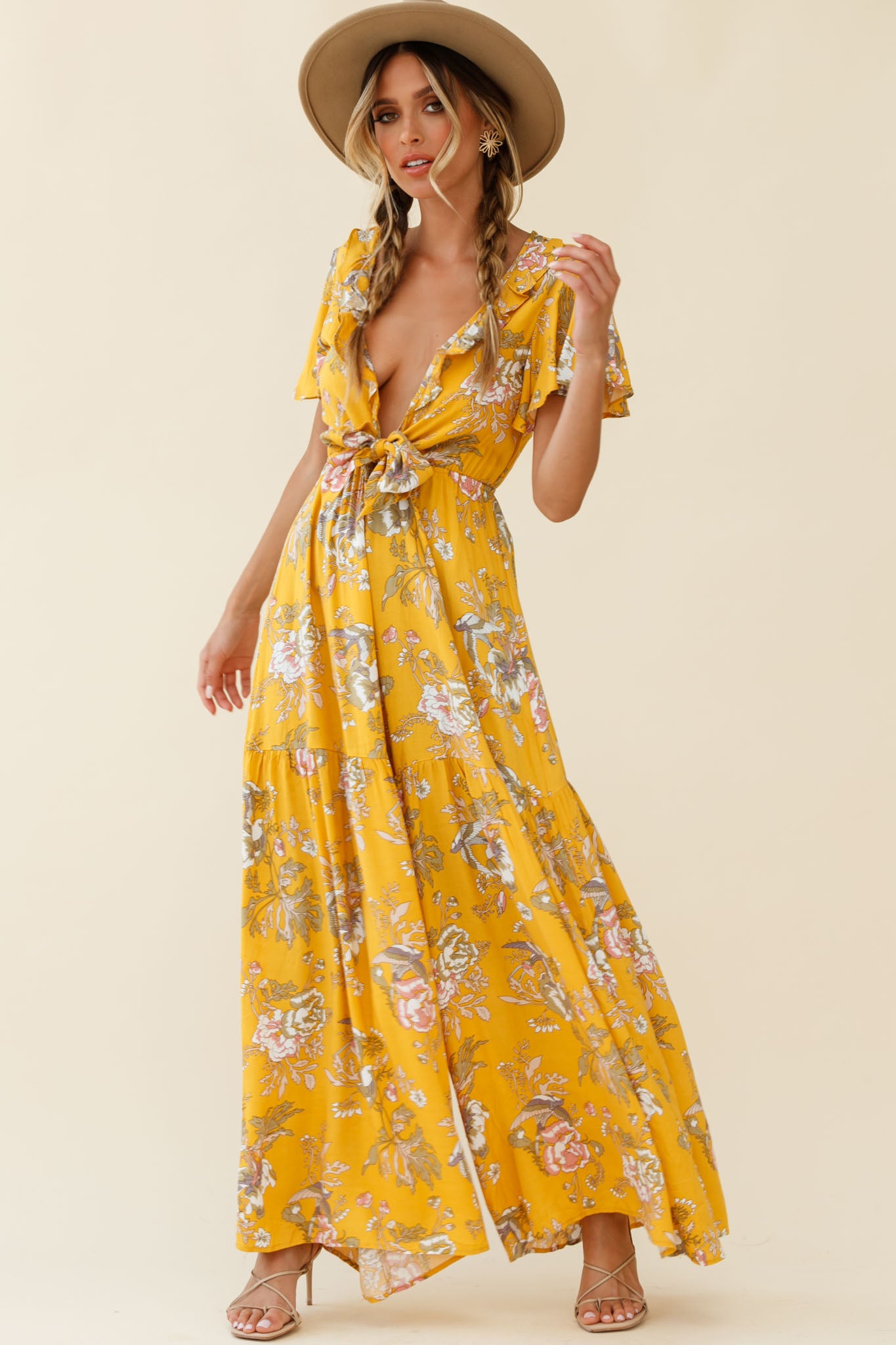 Kasey Tied Bust Wide Leg Floral Print Jumpsuit Mustard-Maymioy