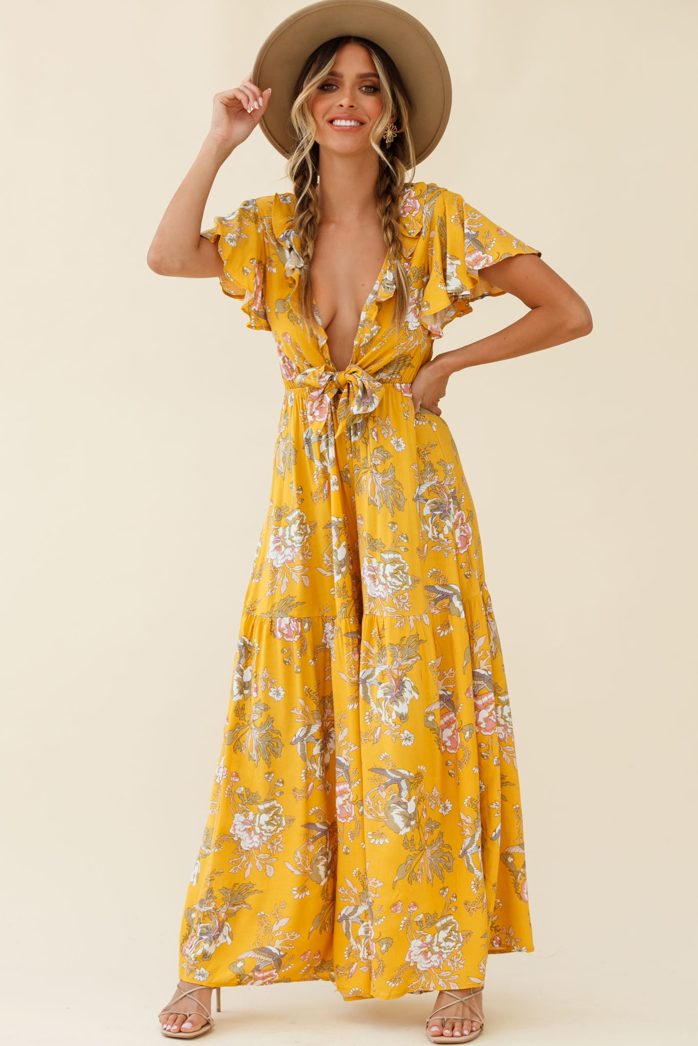 Kasey Tied Bust Wide Leg Floral Print Jumpsuit Mustard-Maymioy