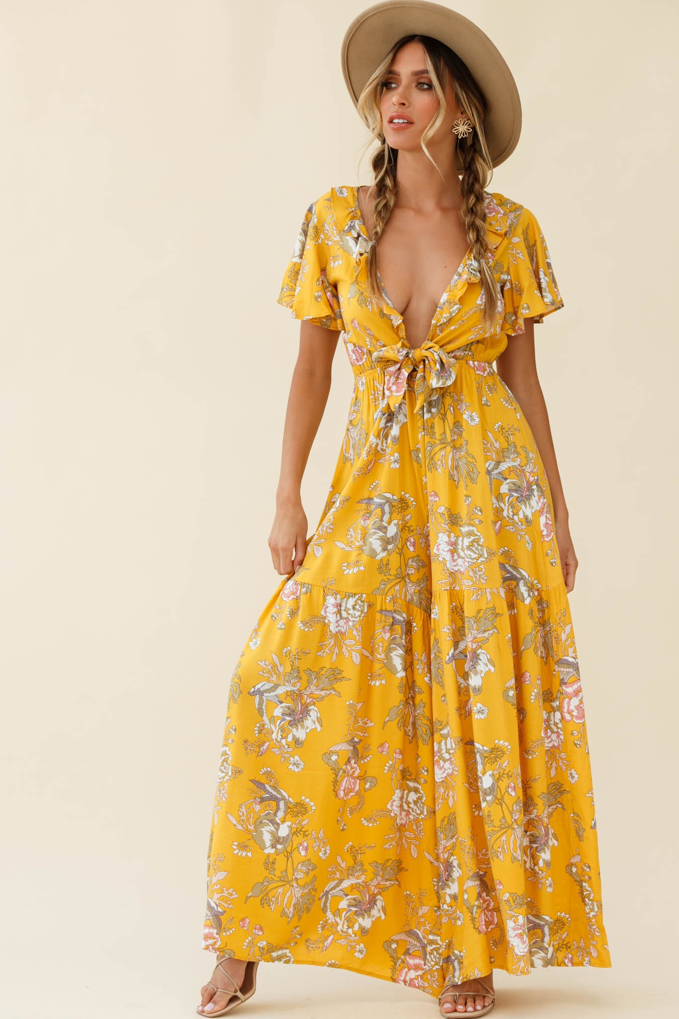 Kasey Tied Bust Wide Leg Floral Print Jumpsuit Mustard-Maymioy