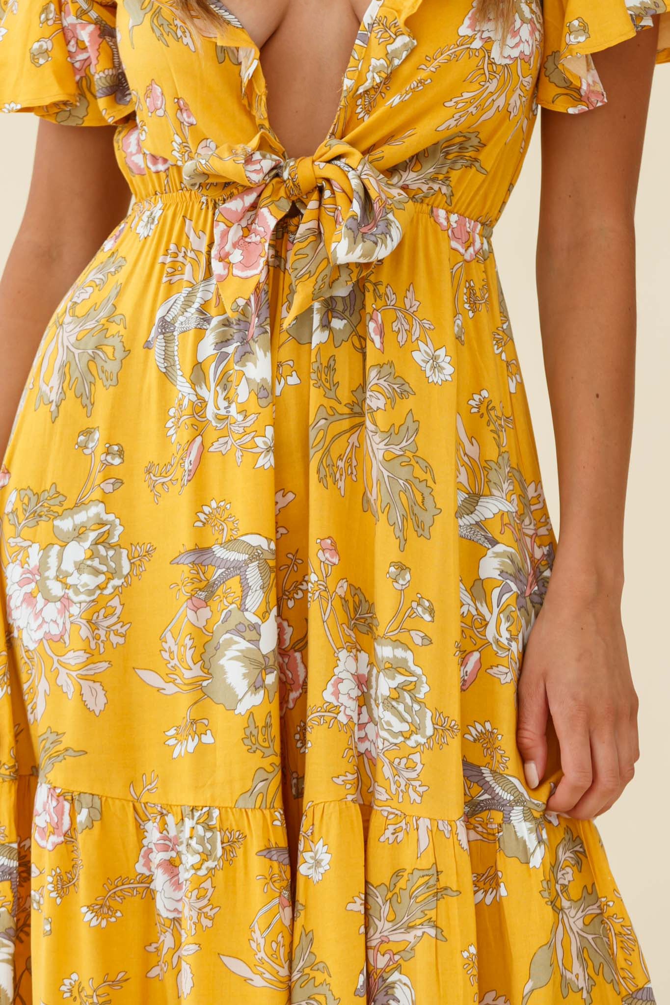 Kasey Tied Bust Wide Leg Floral Print Jumpsuit Mustard-Maymioy