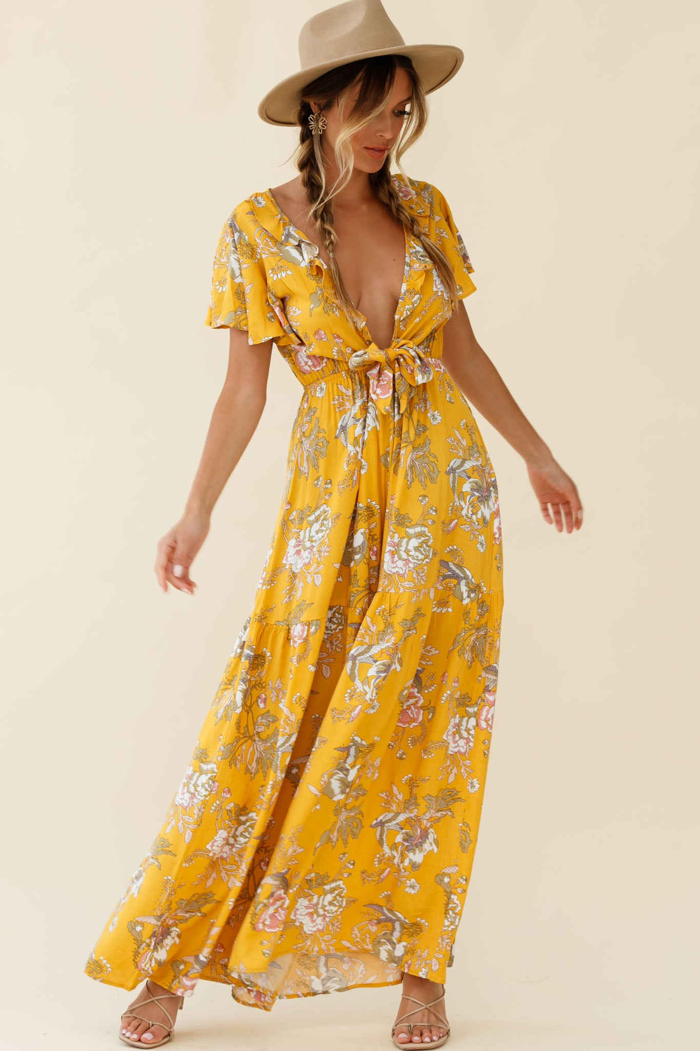 Kasey Tied Bust Wide Leg Floral Print Jumpsuit Mustard-Maymioy