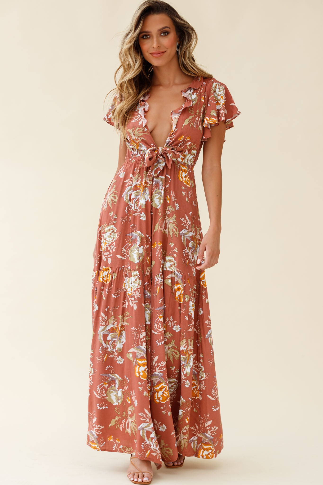 Kasey Tied Bust Wide Leg Floral Print Jumpsuit Rose-Maymioy