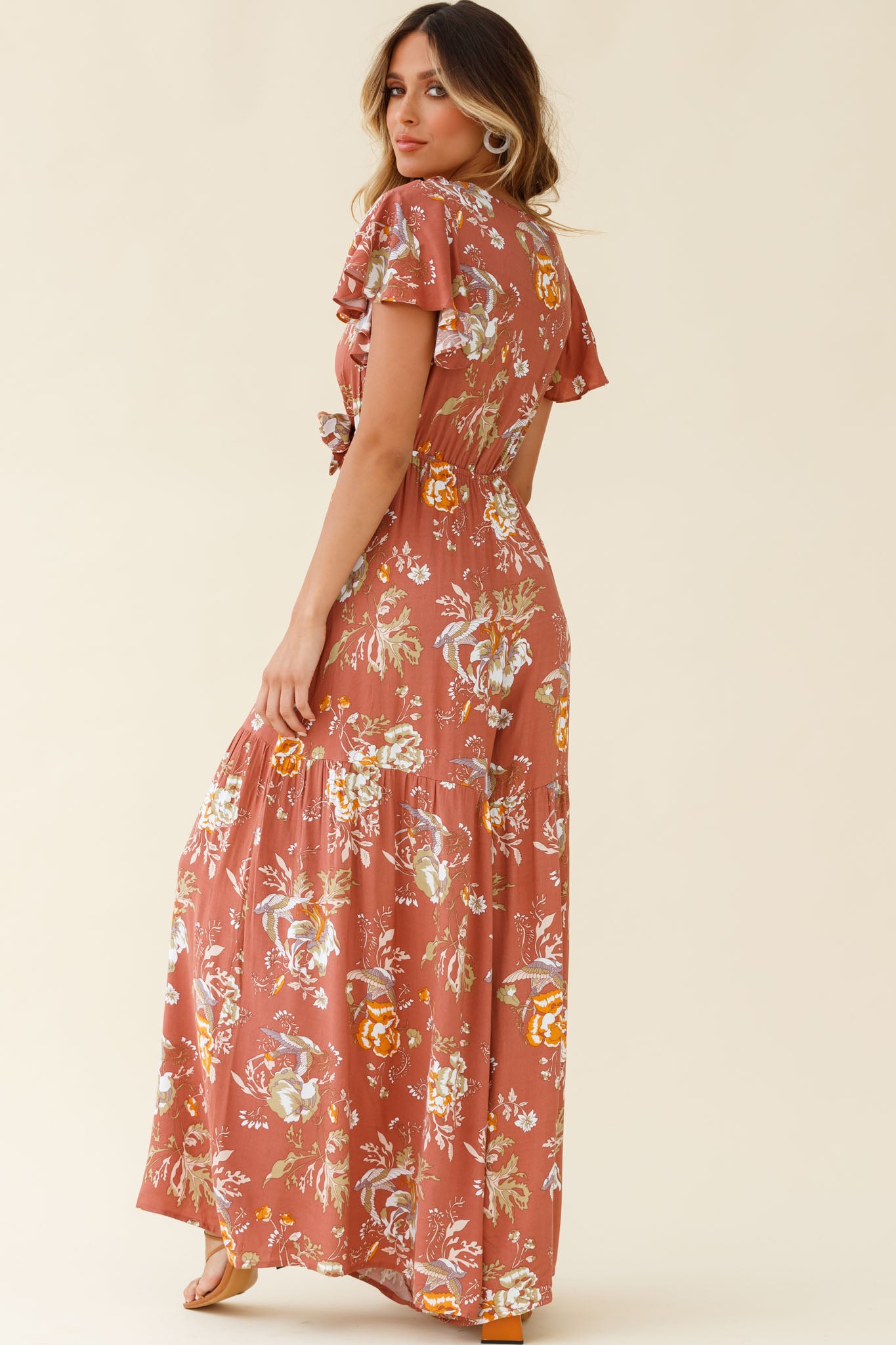 Kasey Tied Bust Wide Leg Floral Print Jumpsuit Rose-Maymioy