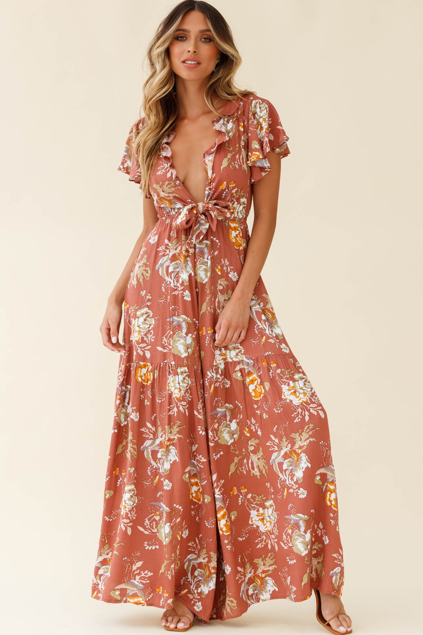 Kasey Tied Bust Wide Leg Floral Print Jumpsuit Rose-Maymioy