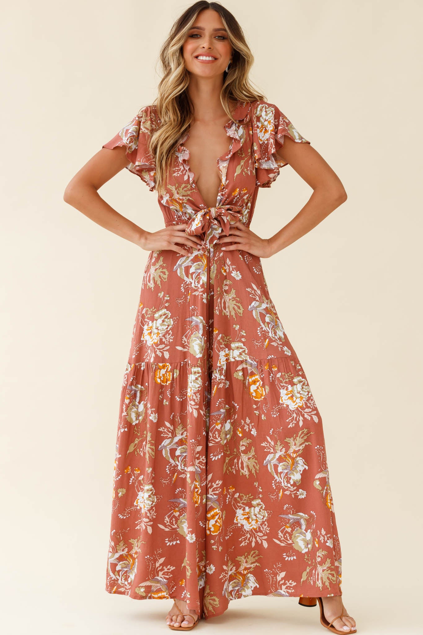 Kasey Tied Bust Wide Leg Floral Print Jumpsuit Rose-Maymioy