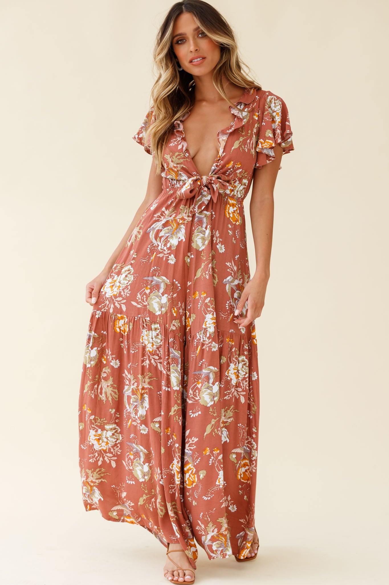 Kasey Tied Bust Wide Leg Floral Print Jumpsuit Rose-Maymioy