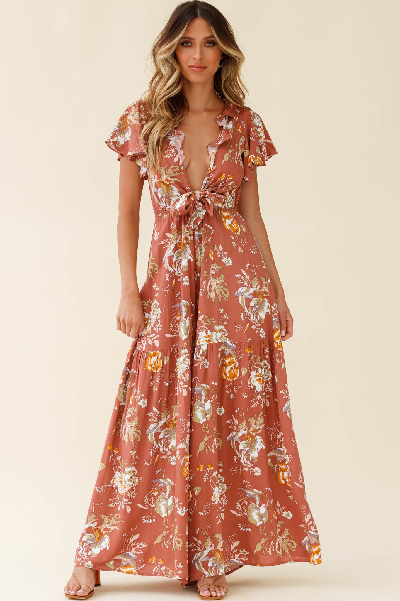 Kasey Tied Bust Wide Leg Floral Print Jumpsuit Rose-Maymioy