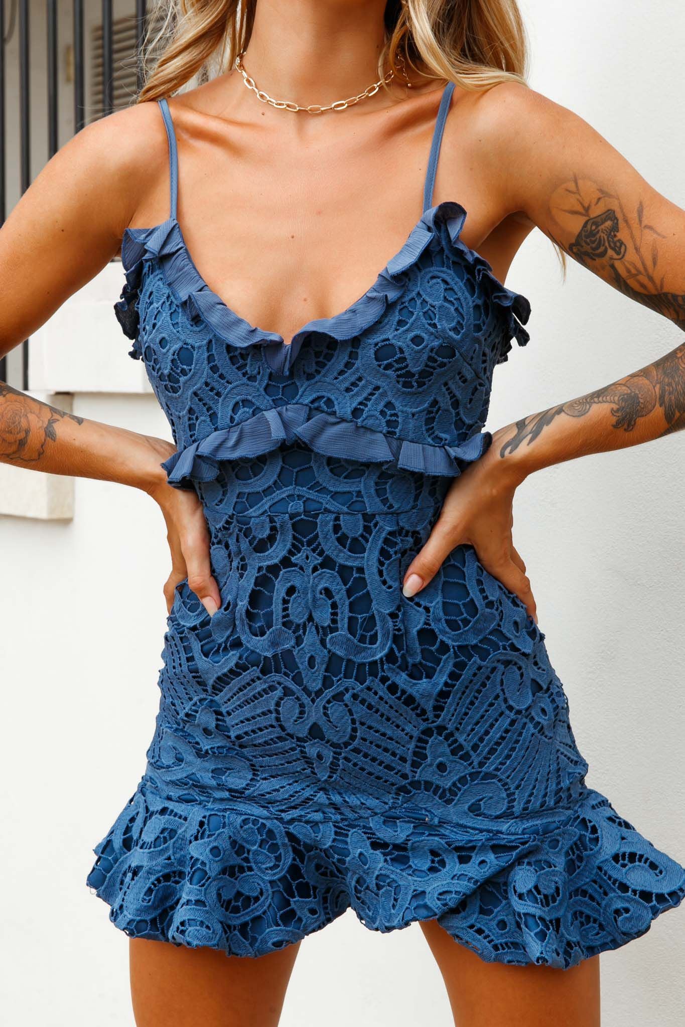 Shakeera Frill Trim Lace Mini Dress Midnight Blue-Maymioy