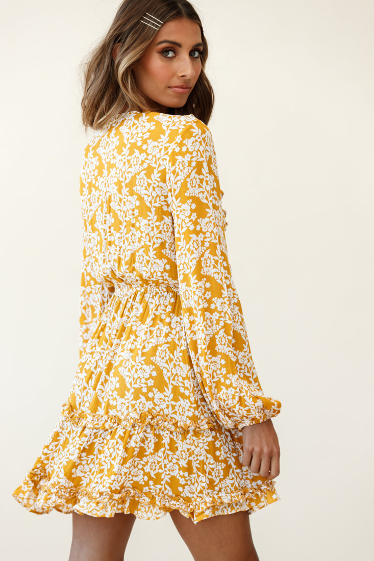 Sunny Daze Long Sleeve Tie-Knot Bust Dress Floral Print Mustard-Maymioy