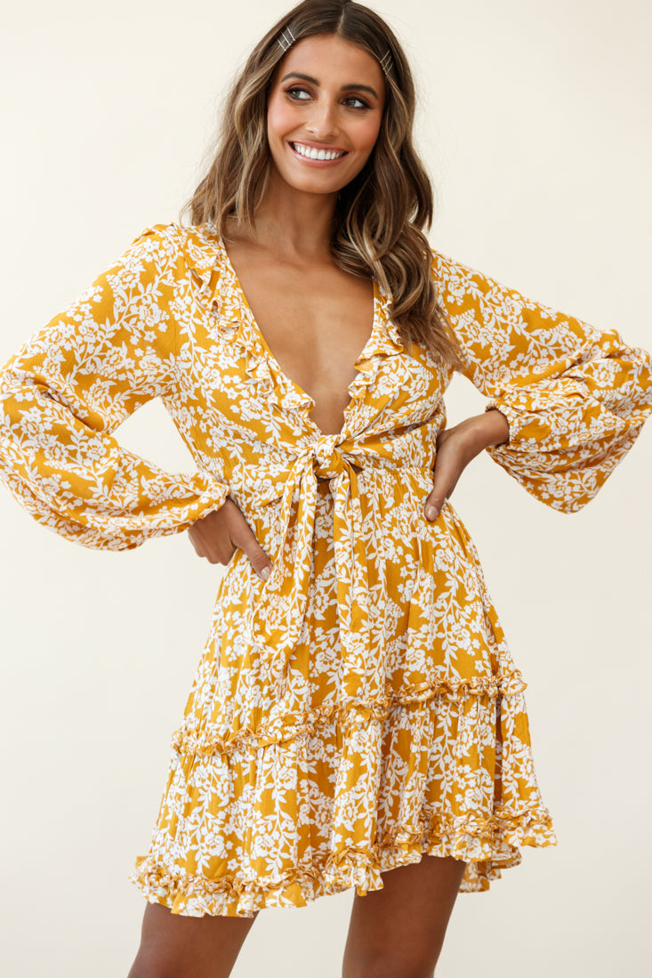 Sunny Daze Long Sleeve Tie-Knot Bust Dress Floral Print Mustard-Maymioy