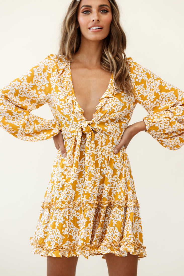 Sunny Daze Long Sleeve Tie-Knot Bust Dress Floral Print Mustard-Maymioy