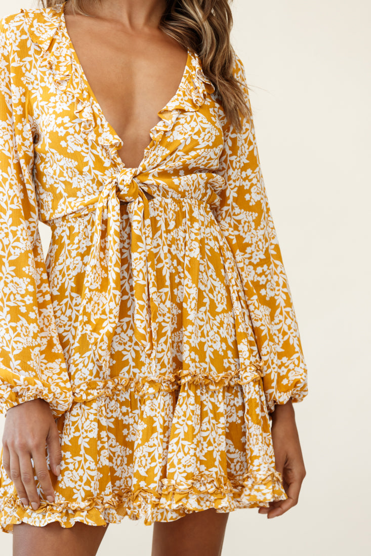 Sunny Daze Long Sleeve Tie-Knot Bust Dress Floral Print Mustard-Maymioy