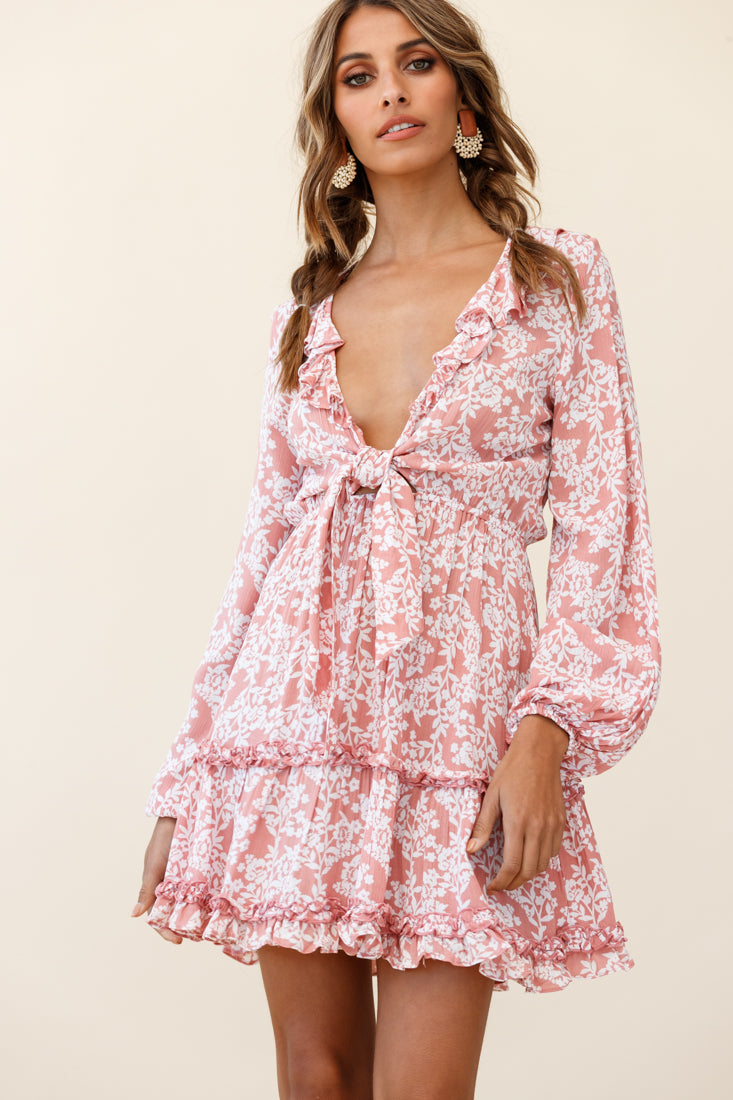 Sunny Daze Long Sleeve Tie-Knot Bust Dress Floral Print Pink-Maymioy