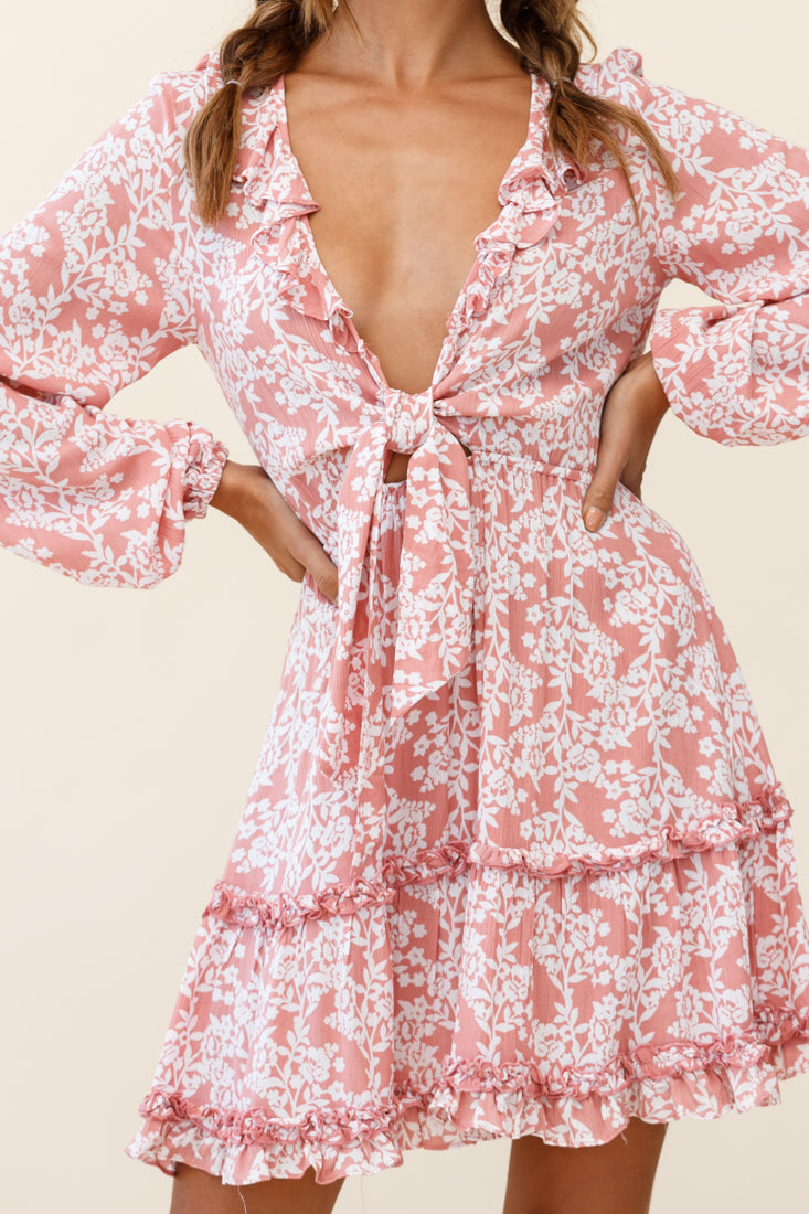 Sunny Daze Long Sleeve Tie-Knot Bust Dress Floral Print Pink-Maymioy